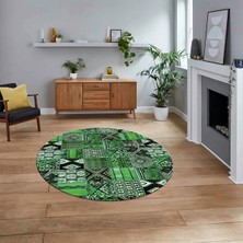 Viyana Home Dijital Baskılı Kaymaz Yıkanabilir Yuvarlak Patchwork Mutfak Salon Halısı, V-Y-Patchwork-06-Yeşil,