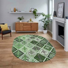 Viyana Home Dijital Baskılı Kaymaz Yıkanabilir Oval Patchwork Yolluk Salon Halısı, V-O-Patchwork-08-Yeşil,