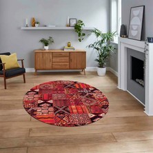 Viyana Home Dijital Baskılı Kaymaz Yıkanabilir Yuvarlak Patchwork Mutfak Salon Halısı, V-Y-Patchwork-06-Kırmızı,