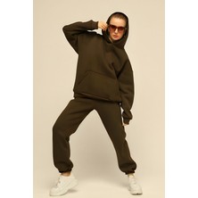 Yakamel Kadın Kanguru Cepli Kapşonlu Eşofman Takımı