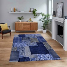 Viyana Home Dijital Baskılı Kaymaz Taban Yıkanabilir Patchwork Yolluk Salon Halısı, V-Patchwork-15-Mavi,