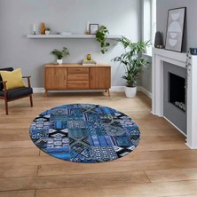 Viyana Home Dijital Baskılı Kaymaz Yıkanabilir Yuvarlak Patchwork Mutfak Salon Halısı, V-Y-Patchwork-06-Mavi,