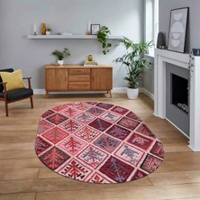 Viyana Home Dijital Baskılı Kaymaz Yıkanabilir Oval Patchwork Yolluk Salon Halısı, V-O-Patchwork-08-Kırmızı,