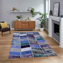 Viyana Home Dijital Baskılı Kaymaz Taban Yıkanabilir Patchwork Yolluk Salon Halısı, V-Patchwork-10-Mavi,