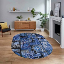 Viyana Home Dijital Baskılı Kaymaz Yıkanabilir Oval Patchwork Yolluk Salon Halısı, V-O-Patchwork-12-Mavi,