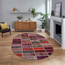 Viyana Home Dijital Baskılı Kaymaz Yıkanabilir Oval Patchwork Yolluk Salon Halısı, V-O-Patchwork-09-Kırmızı,