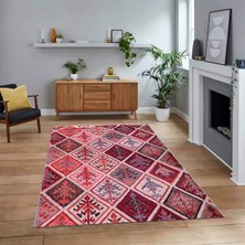Viyana Home Dijital Baskılı Kaymaz Taban Yıkanabilir Patchwork Yolluk Salon Halısı, V-Patchwork-08-Kırmızı,