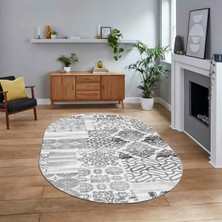 Viyana Home Dijital Baskılı Kaymaz Yıkanabilir Oval Patchwork Yolluk Salon Halısı, V-O-Patchwork-02-Gri,