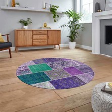 Viyana Home Dijital Baskılı Kaymaz Yıkanabilir Yuvarlak Patchwork Mutfak Salon Halısı, V-Y-Patchwork-01-Mor,
