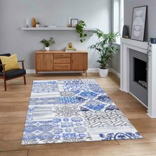 Viyana Home Dijital Baskılı Kaymaz Taban Yıkanabilir Patchwork Yolluk Salon Halısı, V-Patchwork-02-Mavi,