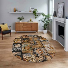 Viyana Home Dijital Baskılı Kaymaz Yıkanabilir Oval Patchwork Yolluk Salon Halısı, V-O-Patchwork-12-Kahve,