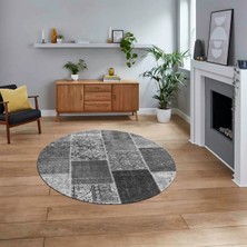 Viyana Home Dijital Baskılı Kaymaz Yıkanabilir Yuvarlak Patchwork Mutfak Salon Halısı, V-Y-Patchwork-01-Gri,