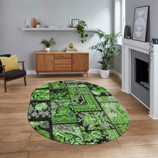 Viyana Home Dijital Baskılı Kaymaz Yıkanabilir Oval Patchwork Yolluk Salon Halısı, V-O-Patchwork-12-Yeşil,