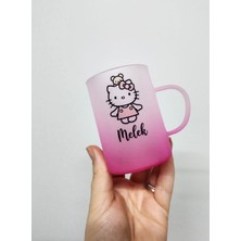 Happy Mountains İsme Özel Kişiye Özel Buzlu Cam Pembe Hello Kitty Desenli Çay Bardağı Çay Fincanı