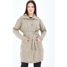 Stilmony Kadın Vizon Düğmeli Cepli Kuşaklı Triko Yün Uzun Hırka