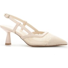 Ten Renk Fileli Kadeh Topuk Arkası Açık Kadın Abiye Ayakkabı