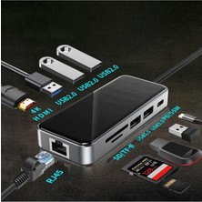 TezMax Type-C To Hdmı USB 3.0 RJ45 Usb-C 60W Tf ve Sd Dönüştürücü Çevirici Hub Aparat