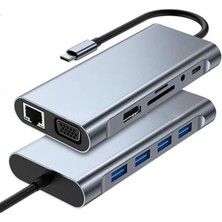 TezMax 11 In 1 Type-C To USB Hub Port Uyumlu Hdmı 4x USB Lan VGA Sd Card Çevirici Adaptör Çoklayıcı Aparat