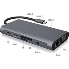 TezMax 11 In 1 Type-C To USB Hub Port Uyumlu Hdmı 4x USB Lan VGA Sd Card Çevirici Adaptör Çoklayıcı Aparat