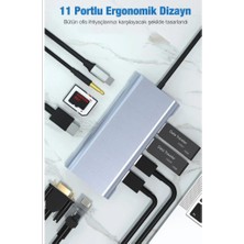 TezMax 11 In 1 Type-C To USB Hub Port Uyumlu Hdmı 4x USB Lan VGA Sd Card Çevirici Adaptör Çoklayıcı Aparat