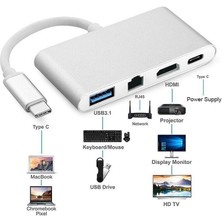 TezMax Type-C 3.1 To HDMI 4K 100MBPS Ethernet RJ45 Sb3.0 USB C Hub 4 In 1 Macbook ve Type C Uyumlu Çevirici