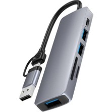 TezMax Macbook Uyumlu Type C USB To 2 Xusb 2.0 1 Xusb 3.0 Sd/tf 5 Port Çevirici Adaptör