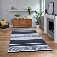 Viyana Home Dijital Baskılı Kaymaz Taban Yıkanabilir Modern Yolluk Mutfak Salon Halısı, V-Modern-18-Lacivert,