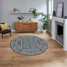 Viyana Home Dijital Baskılı Kaymaz Taban Yıkanabilir Yuvarlak Modern Mutfak Salon Halısı, V-Y-MODERN-108-MAVİ,