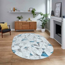 Viyana Home Dijital Baskılı Kaymaz Taban Yıkanabilir Oval Modern Yolluk Salon Halısı, V-O-Modern-82-Mavi,
