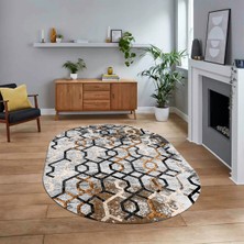 Viyana Home Dijital Baskılı Kaymaz Taban Yıkanabilir Oval Modern Yolluk Salon Halısı, V-O-Modern-03-Kahve,