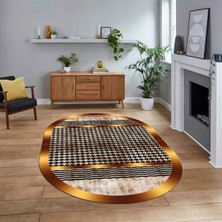 Viyana Home Dijital Baskılı Kaymaz Taban Yıkanabilir Oval Modern Yolluk Salon Halısı, V-O-Modern-10-Kahve,
