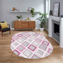 Viyana Home Dijital Baskılı Kaymaz Taban Yıkanabilir Oval Modern Yolluk Salon Halısı, V-O-Modern-66-Pembe,
