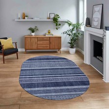 Viyana Home Dijital Baskılı Kaymaz Taban Yıkanabilir Oval Modern Yolluk Salon Halısı, V-O-Modern-36-Mavi,