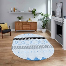 Viyana Home Dijital Baskılı Kaymaz Taban Yıkanabilir Oval Modern Yolluk Salon Halısı, V-O-Modern-75-Mavi,