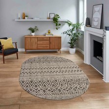 Viyana Home Dijital Baskılı Kaymaz Taban Yıkanabilir Oval Modern Yolluk Salon Halısı, V-O-Modern-86-Krem,