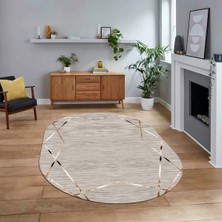 Viyana Home Dijital Baskılı Kaymaz Taban Yıkanabilir Oval Modern Yolluk Salon Halısı, V-O-Modern-05-Bej,
