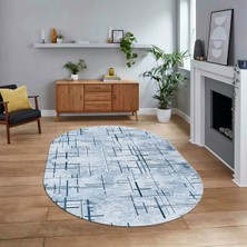 Viyana Home Dijital Baskılı Kaymaz Taban Yıkanabilir Oval Modern Yolluk Salon Halısı, V-O-Modern-89-Mavi,