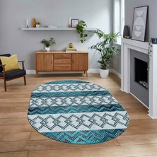 Viyana Home Dijital Baskılı Kaymaz Taban Yıkanabilir Oval Modern Yolluk Salon Halısı, V-O-Modern-56-Mavi,