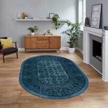 Viyana Home Dijital Baskılı Kaymaz Taban Yıkanabilir Oval Modern Yolluk Salon Halısı, V-O-MODERN-113-MAVİ,