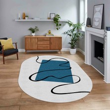 Viyana Home Dijital Baskılı Kaymaz Taban Yıkanabilir Oval Modern Yolluk Salon Halısı, V-O-Modern-61-Mavi,