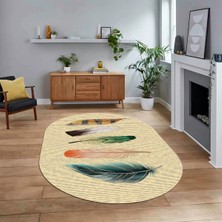 Viyana Home Dijital Baskılı Kaymaz Taban Yıkanabilir Oval Modern Yolluk Salon Halısı, V-O-MODERN-114-KREM,