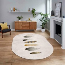 Viyana Home Dijital Baskılı Kaymaz Taban Yıkanabilir Oval Modern Yolluk Salon Halısı, V-O-MODERN-115-KREM,