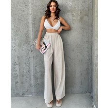 Nidi Store Bej Beli Lastikli Iç Gösteren Çok Geniş Paça Gofre Pantolon