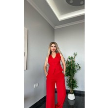 ARV Moda Kadın Düğmeli Yelek Palazzo Geniş Paça Pantolon Ikili Takım