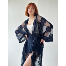 Retrobird Tasarım Dantel Kimono Kadın Lacivert