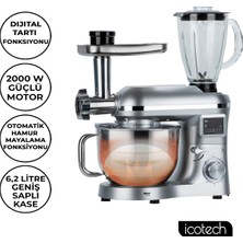 Icotech SM50 Gümüş LED Ekranlı Hamur Mayalama Kıyma Çekme Blender 2000W 6,5 Litre Stand Mikser Mutfak Şefi Hamur Yoğurma Makinesi