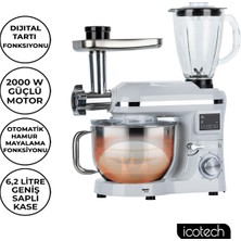 Icotech SM50 Beyaz LED Ekranlı Hamur Mayalama Kıyma Çekme Blender 2000W 6,5 Litre Stand Mikser Mutfak Şefi Hamur Yoğurma Makinesi