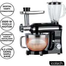 Icotech SM50 LED Ekranlı Hamur Mayalama Kıyma Çekme Blender 2000W 6,2 Litre Stand Mikser Mutfak Şefi Siyah