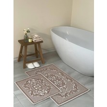 Bluenity Raya Damask Doğal Pamuklu 2'li Banyo Paspası 60X100+50X60 cm - Bej