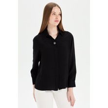 Desen Triko Kadın Önü Broşlu Uzun Kollu Maroken Gömlek Siyah